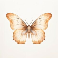 A delicate watercolor illustration of a wild butterfly with intricate wing patterns, portrayed in soft hues against a white background.
