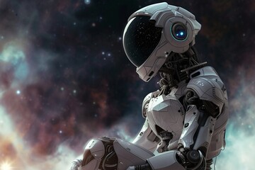 A humanoid robot exploring a space, showing AI's potential in space exploration. Horizontal banner, empty space