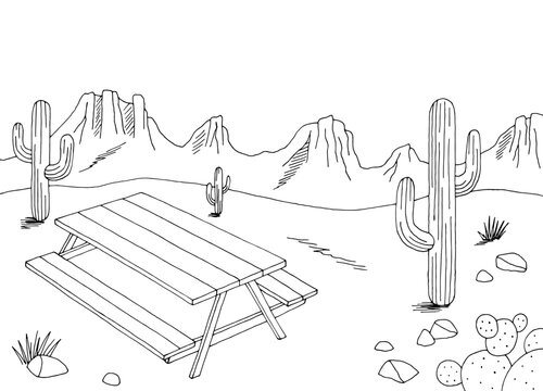 Prairie picnic table graphic black white desert landscape sketch illustration vector