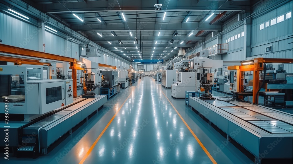 Poster aluminum machining factory, illuminated and with machining centers. generative ai.