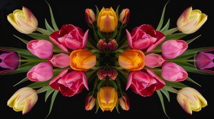 Vibrant Spring Tulips in Symmetrical Arrangement AI Generated