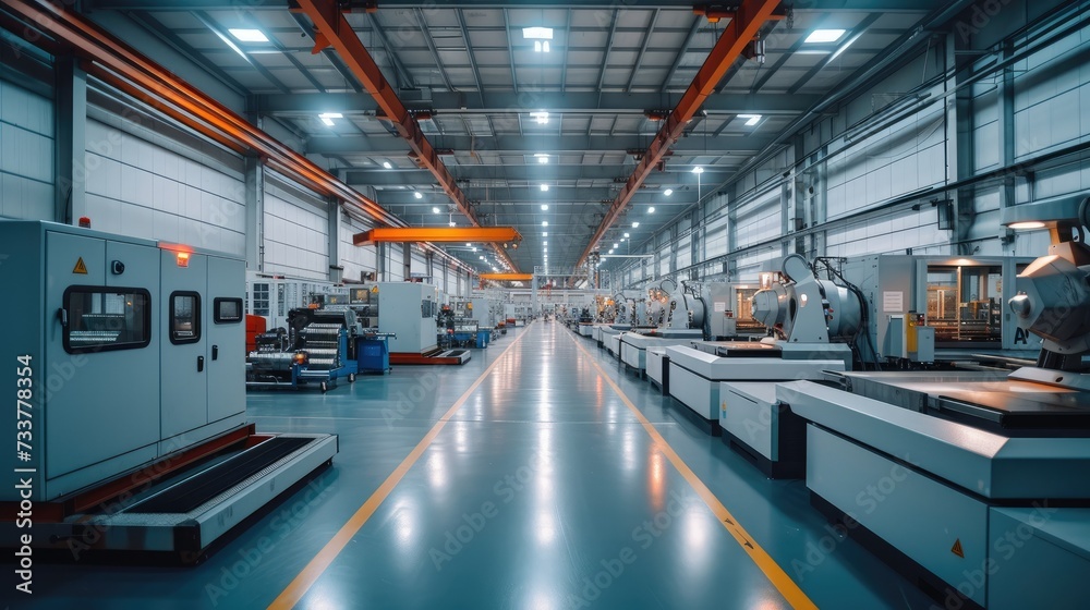Poster aluminum machining factory, illuminated and with machining centers. generative ai.
