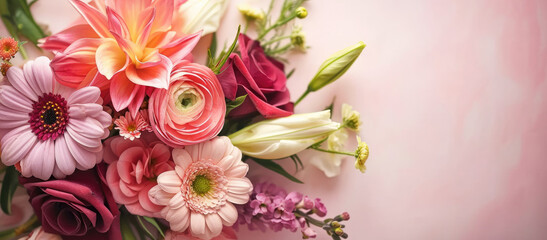 Red, orange and pink bouquet of flowers on a pink background with copy space, top view.