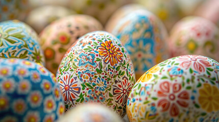 Fototapeta na wymiar Hand painted Easter eggs are beautiful and colorful with floral designs.