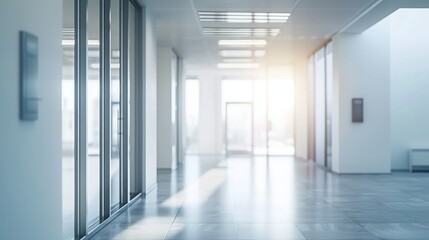 Bright and modern office corridor with sunlight streaming through glass doors, creating a welcoming business environment.