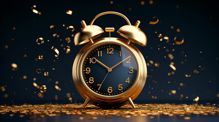 Golden alarm clock with confetti frozen in time, signifying celebration or countdown.