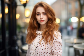 Fototapeta na wymiar Portrait of a beautiful young woman with red hair in the city