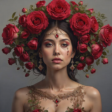 surreal art of A face of queen with roses crown on head . artist canvas art collection for decoration and interior. Surreal Artwork fine art, concept. wall art