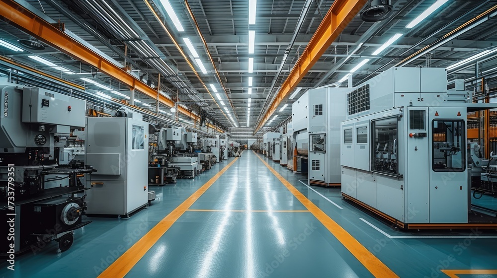 Poster A factory interior with automated machines. Generative AI.