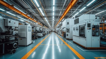 Fototapeta premium A factory interior with automated machines. Generative AI.