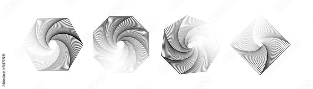 Poster set of twisted spirals. sacred geometry. tunnel with lines in the form of a circle and hexagons. vec