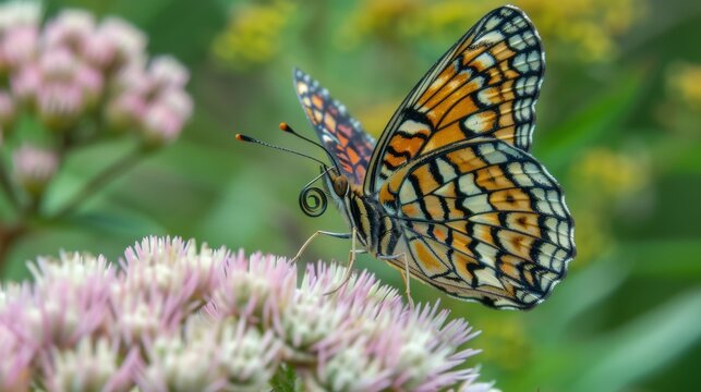 Vivid Butterfly with Intricate Patterns on Blooming Flower Macro Photography.