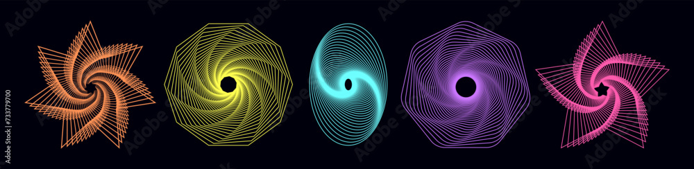 Poster set of twisted spirals. sacred geometry. tunnel with lines in the form of a circle and hexagons. vec