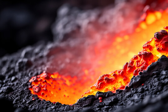 Vulkan Lava oder Magma flie&szlig; aus Ausbruch einer neuen Erde in hei&szlig;en vulkanischen fl&uuml;ssigen Stein zur Erneuerung und Erdentstehung mit Feuer und Flamme in gl&uuml;hend hei&szlig;em orangen Licht gef&auml;hrlich