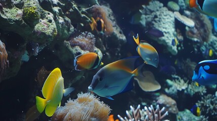 Naklejka na ściany i meble Group of Vibrant Tropical Fish in Colorful Coral Reef AI Generated
