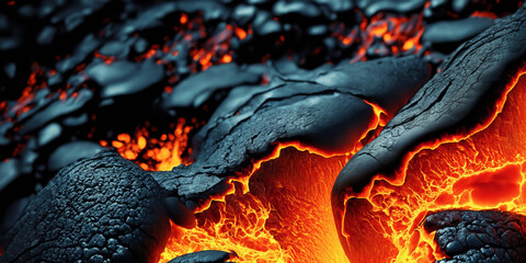 vulkanisch flüssige orange leuchtende Magma oder Lava fließt in Bächen, wie ein Fluß nach einem Vulkan Ausbruch gefährlich heiß brennend verschlingt es Leben und läßt neue Erde entstehen Asche Glut