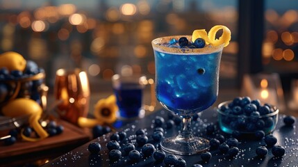 A luxurious cocktail with a deep blue hue, effervescent champagne, garnished with a lemon peel twist and blueberries. Generative AI.