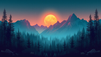 Mystical Full Moon Over Misty Forest and Majestic Mountains