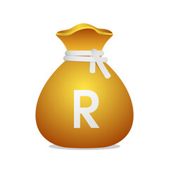Moneybag with South African Rand symbol. Cash money, currency, business and financial item. Golden bag icon.