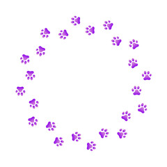 Paw print trail on white background. Vector cat or dog, pawprint walk circle path pattern background.