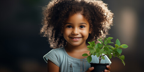 Banner  with smiling cute girl growing plants and copy space. Shallow depth of field.