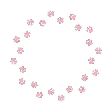 Paw print trail on white background. Vector cat or dog, pawprint walk circle path pattern background.