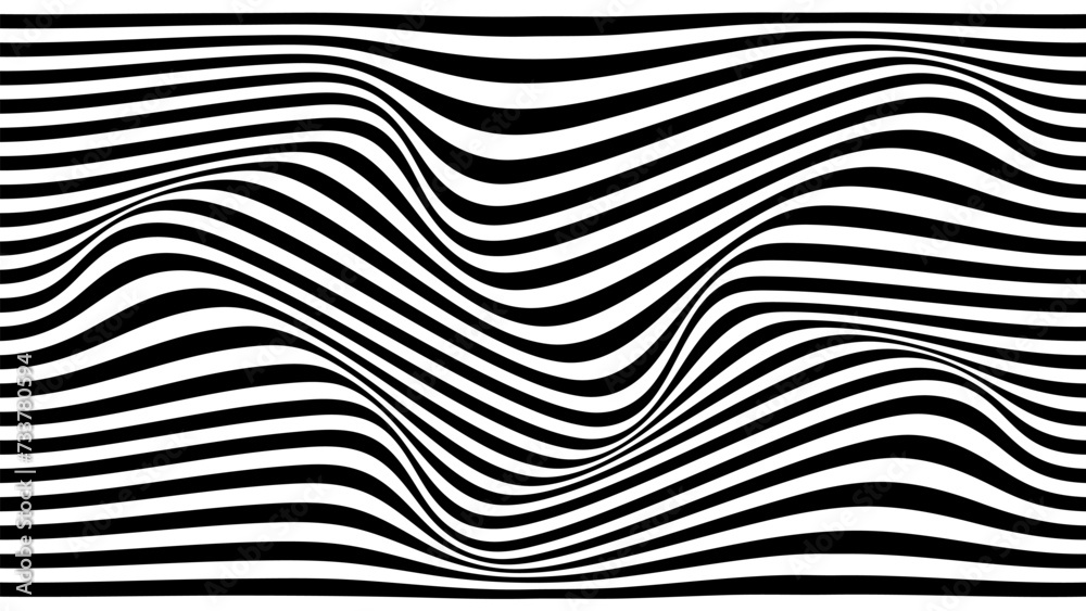 Poster optical illusion wave. abstract vector background with black and white lines. pattern distorted text