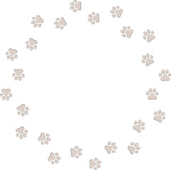 Paw print trail on white background. Vector cat or dog, pawprint walk circle path pattern background.