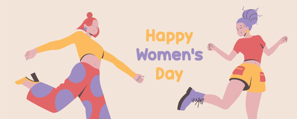 8th March Happy Women's Day banner with happy free women jumping in air.  Colored flat vector illustration isolated on simple background. Concept of freedom, happiness and aspirations