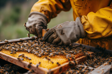 bees on a honeycomb in the hands of a beekeeper collecting honey - obrazy, fototapety, plakaty