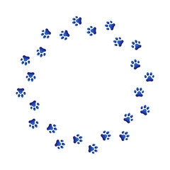Paw print trail on white background. Vector cat or dog, pawprint walk circle path pattern background.
