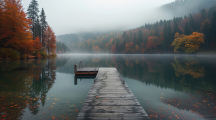 Wooden pier leading into misty lake waters amidst fall foliage splendor