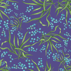 Seamless pattern with spring bouquet of little blue forget-me-nots flowers. Hand drawn watercolor painting illustration isolated on blue background.