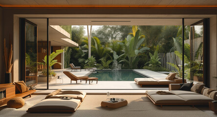 Fototapeta premium Big and tall minimalist aluminum sliding door in a luxurious minimalist living room over looking tropical garden and swimming pool with outdoor furniture. Generative AI.