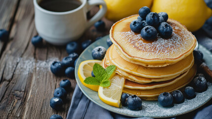 A Stack of Pancakes on a Plate With Blueberries and Lemons