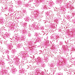 Seamless pattern in Toile de Jouy fabric style with pink flowers cherry tree. Hand drawn monochrome watercolor painting illustration isolated on white background