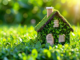 Naklejka premium Eco-Friendly Tiny House Covered in Green Foliage ,Miniature house engulfed in lush greenery, symbolizing sustainable living and eco-friendly landscaping, backlit by soft sunlight.