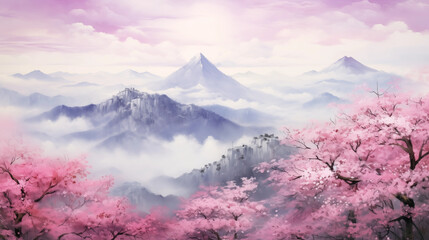 Landscape paintings of mountains, forests, rivers, with snowy mountains in the background. In front of the pink tree There is a river and it is covered with fog. - obrazy, fototapety, plakaty