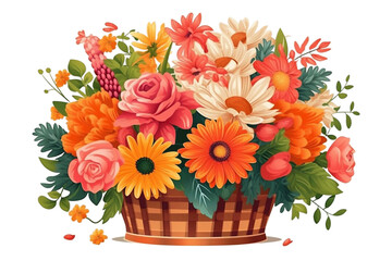 Bright flower bouquet in basket isolated on transparent background. Generative AI