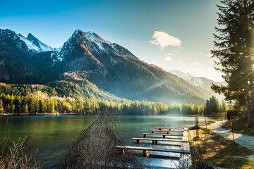 Lake Hintersee in Germany, Bavaria, Ramsau National Park in the Alps. Beautiful winter landscape in...