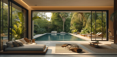 Big and tall minimalist aluminum sliding door in a luxurious minimalist living room over looking tropical garden and swimming pool with outdoor furniture. Generative AI. - obrazy, fototapety, plakaty