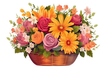 Obraz premium Bright flower bouquet in basket isolated on transparent background. Generative AI
