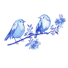 Couple blue robin birds sitting on a branch in Toile de Jouy fabric style. Hand drawn monochrome watercolor painting illustration isolated on white background - 733782928