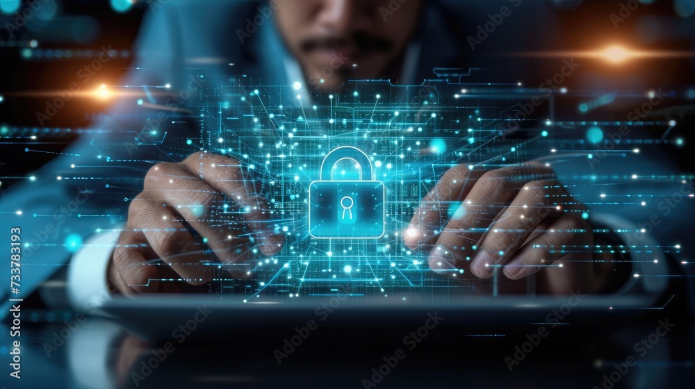 Aufkleber Businessman using tablet computer with digital padlock on internet technology networking and data management, Cyber security network, Data protection concept. Generative AI.