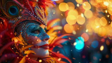 Experience the vibrant electric atmosphere of Rio's carnival parade, showcasing an array of musicians, dancers, and massive crowds against the backdrop of the city's iconic landmarks.