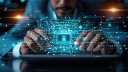 Businessman using tablet computer with digital padlock on internet technology networking and data management, Cyber security network, Data protection concept. Generative AI.
