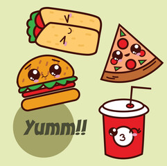 Set of Kawaii Fast Food Illustration. Flat Design Vector Illustration