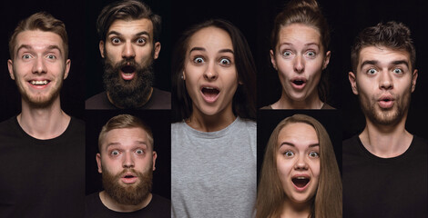 Collage made of close-up portraits of emotional young people, men and women standing with shocked faces against black background. Concept of human emotions, diversity