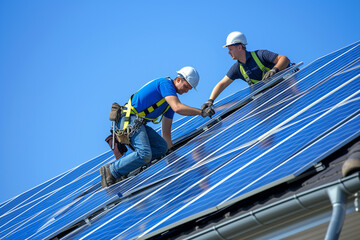 Naklejka premium workers install solar panels on the roof
