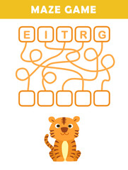 Word maze worksheet for kids with cute tiger illustration. Labyrinth game for preschool children. Fun spelling practice activity.